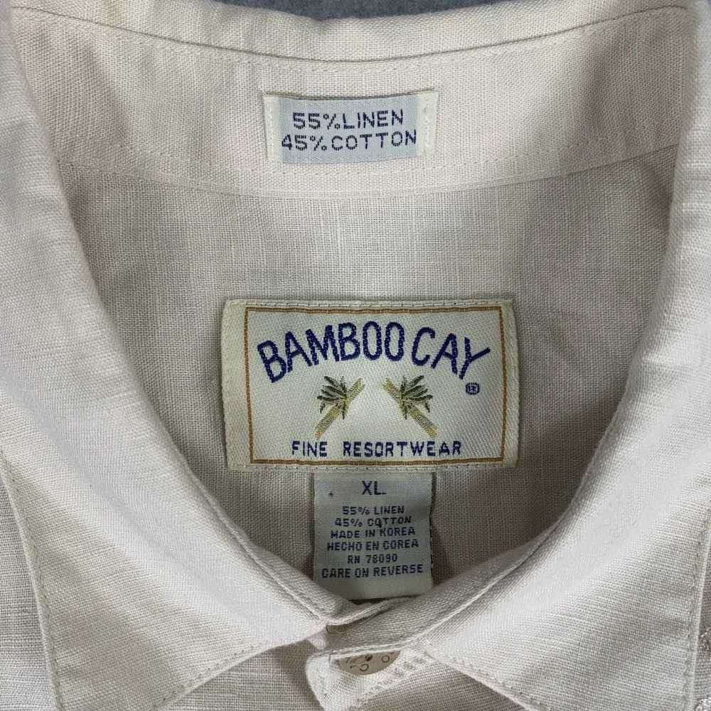 Bamboo Cay Button Down Shirt Mens XL Cream Linen Cotton Floral Embroidered